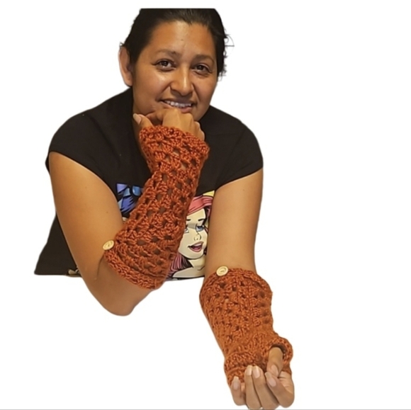 Hand Crafted Accessories - Hand Crafted Hand Knit Crochet Orange Granny Square Fingerless Gloves handmade